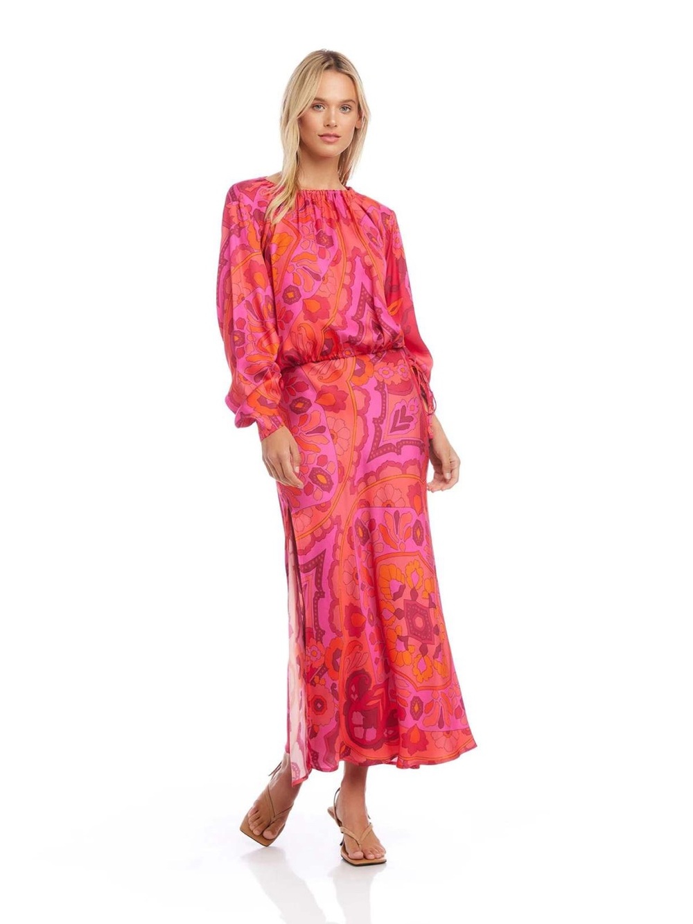 Fifteen Twenty XS (2) Pink Floral 2 Piece Top Maxi Skirt Set Boho Resort